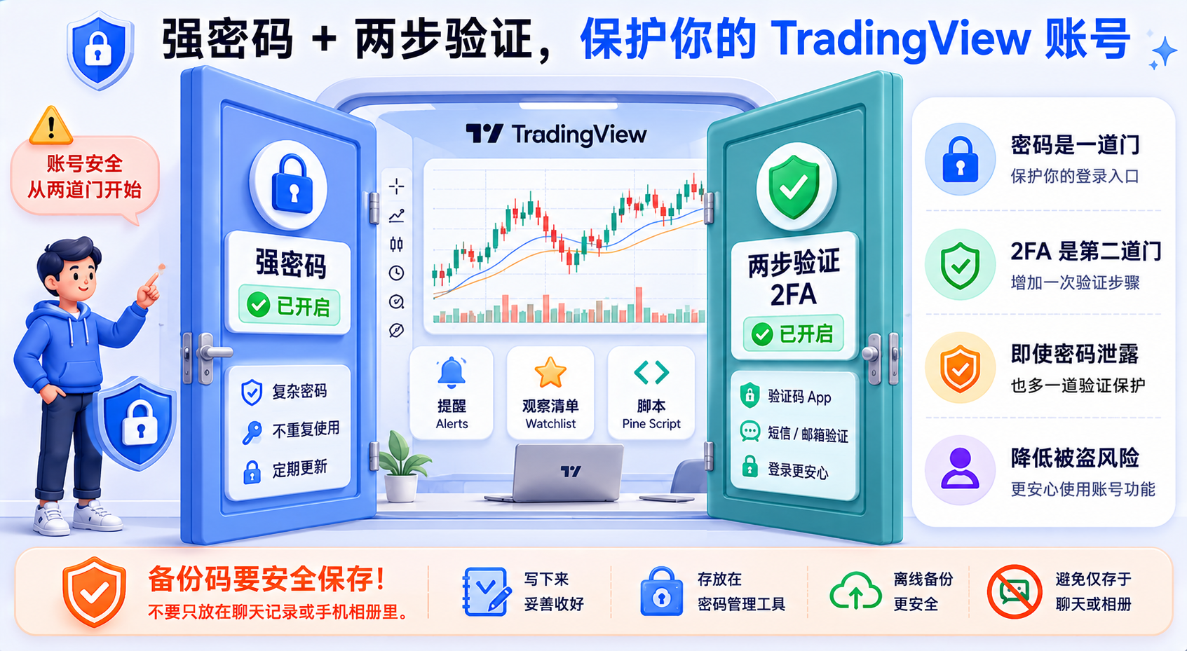 TradingView 账号安全：强密码与两步验证双重保护示意