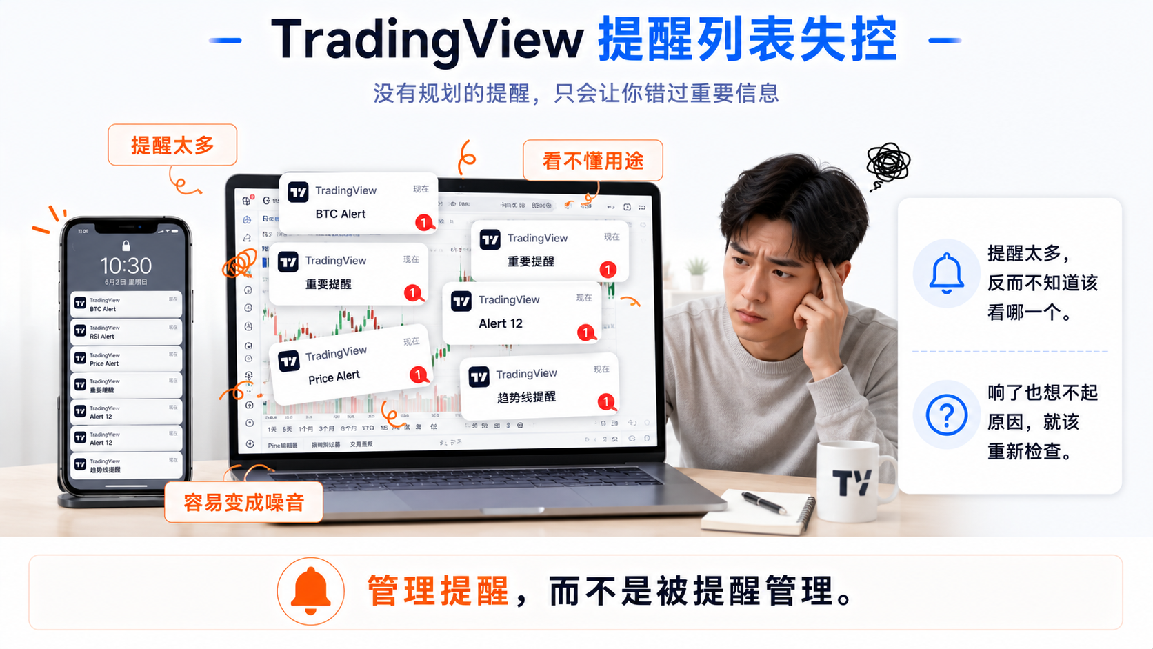 TradingView 提醒列表失控场景图：提醒过多、名称模糊、通知变成噪音