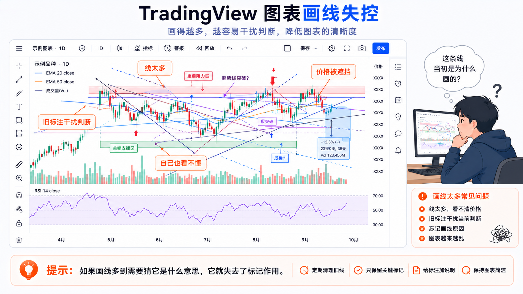 TradingView 图表画线失控场景：趋势线、水平线、矩形、文字标注与多个指标堆叠，难以一眼看清价格