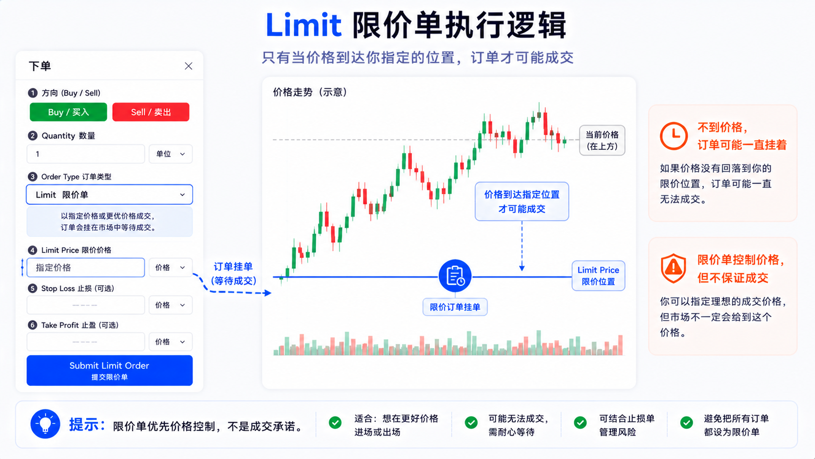 TradingView Limit 限价单执行逻辑：达到指定价格或更好价格时才可能成交