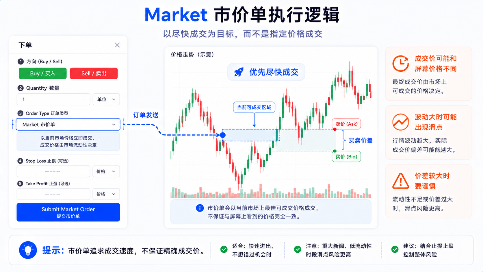 TradingView Market 市价单执行逻辑：按当前可成交价格尽快成交，可能存在滑点
